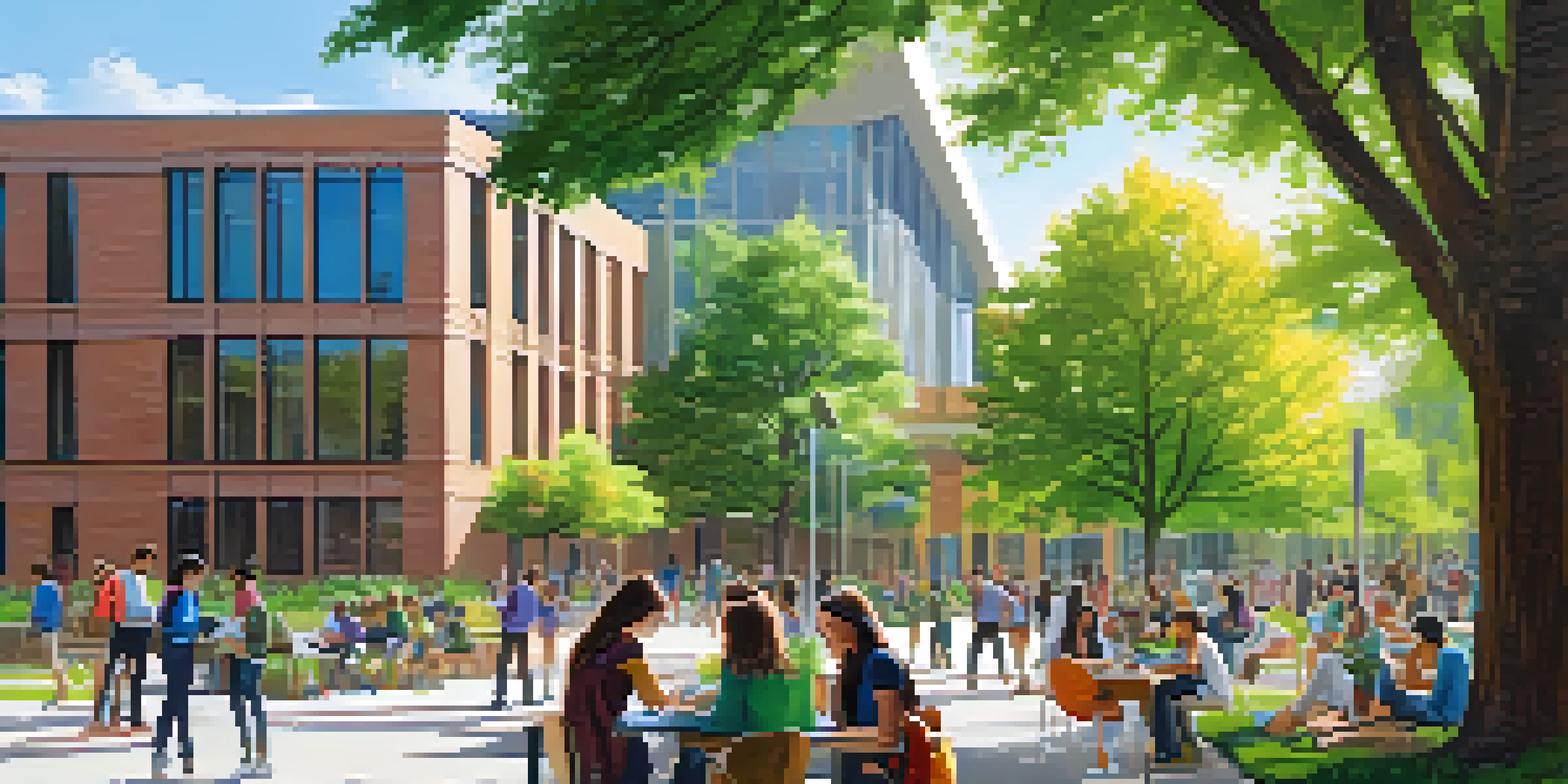 A diverse group of university students collaborating outdoors on a sunny day, surrounded by greenery and modern architecture.