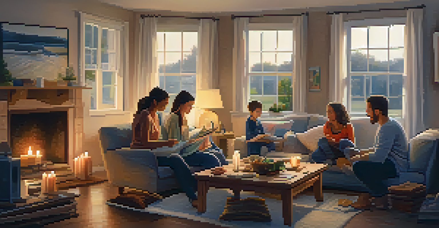 A family practicing mindfulness in a cozy living room, surrounded by soft lighting and signs of past damage, promoting a sense of peace and recovery.