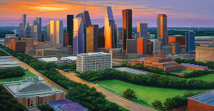 A panoramic view of Houston's skyline during sunset, featuring oil rigs and skyscrapers with a colorful sky.