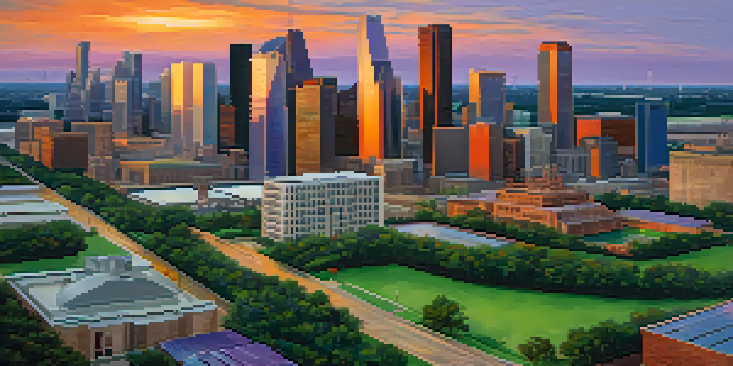 A panoramic view of Houston's skyline during sunset, featuring oil rigs and skyscrapers with a colorful sky.
