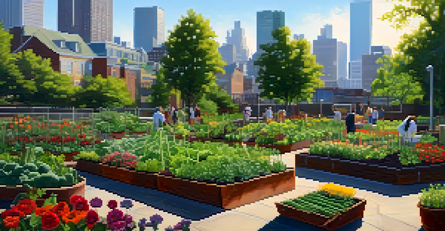 A colorful community garden with flowers and vegetables, sunlight filtering through trees and a city skyline in the background.