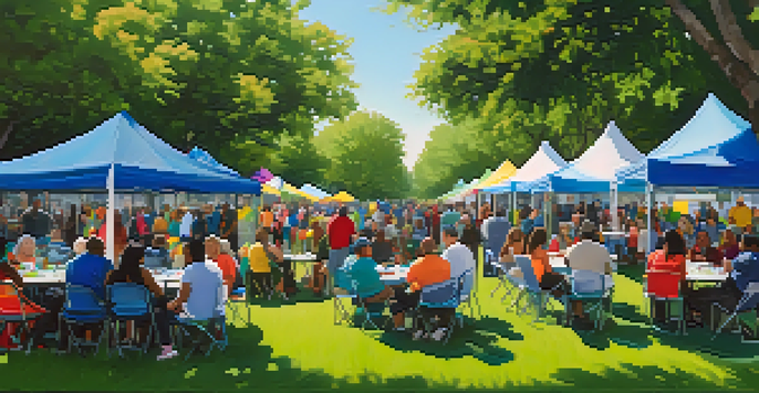 A community meeting in a park with residents discussing hurricane preparedness, surrounded by trees and flowers.
