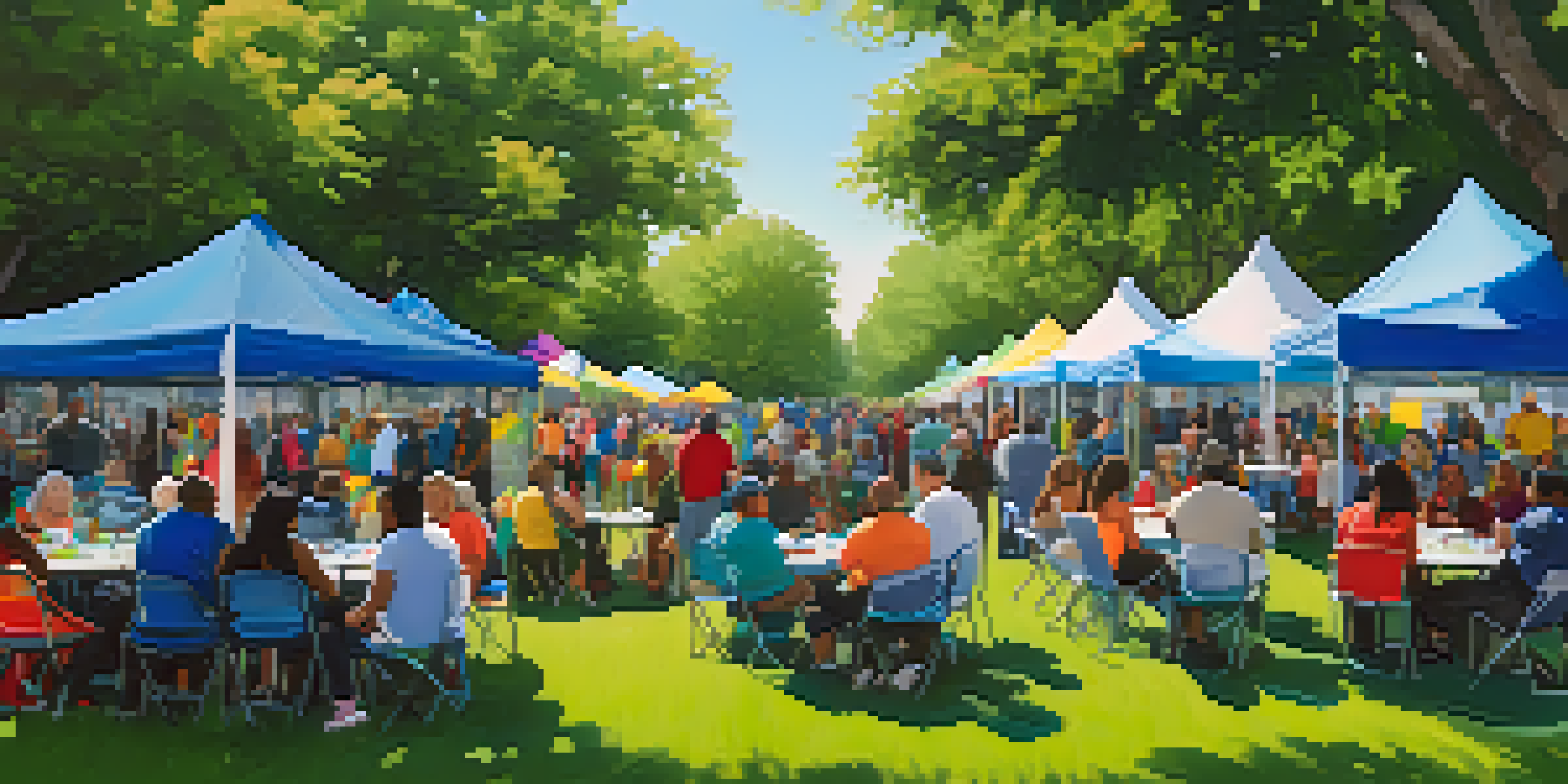 A community meeting in a park with residents discussing hurricane preparedness, surrounded by trees and flowers.