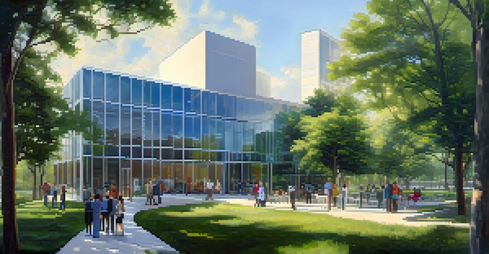 A modern research facility with a diverse group of researchers discussing ideas, surrounded by greenery and sunlight.