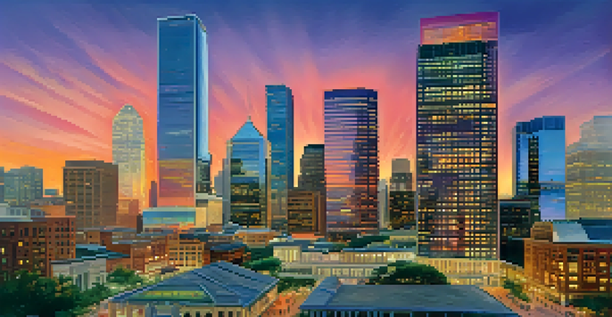 A vibrant sunset view of Houston's skyline with business professionals in the foreground, representing collaboration.
