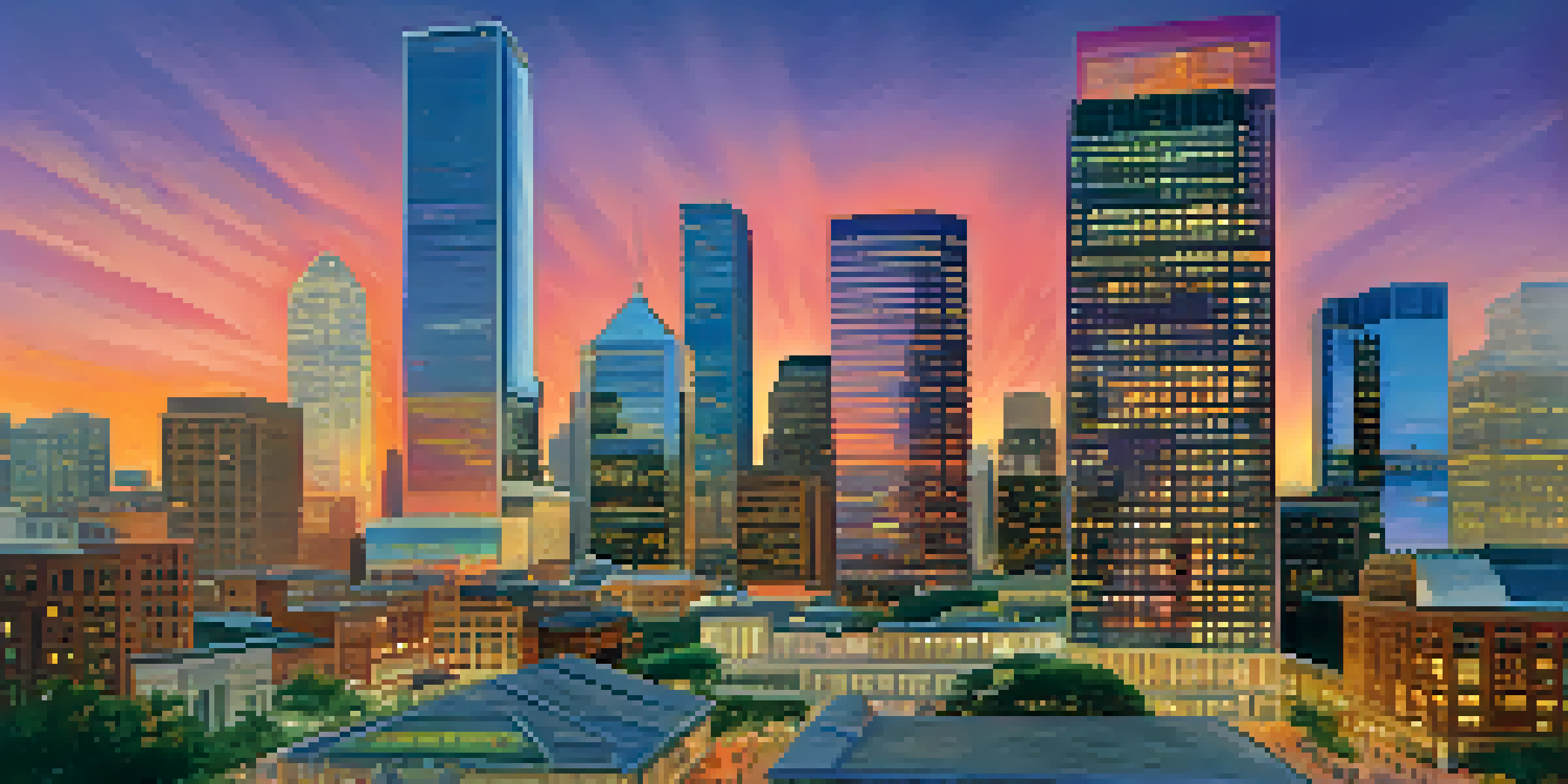 A vibrant sunset view of Houston's skyline with business professionals in the foreground, representing collaboration.