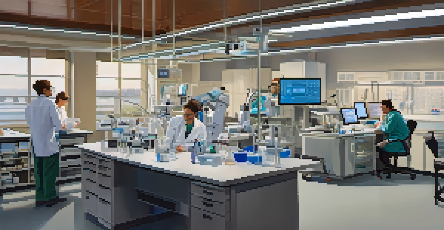 Inside a research lab where diverse scientists collaborate on medical research, surrounded by advanced equipment and warm lighting.