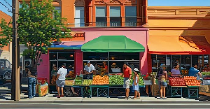A lively street scene in Houston's East End featuring colorful murals, local markets, and taco stands under warm sunlight.