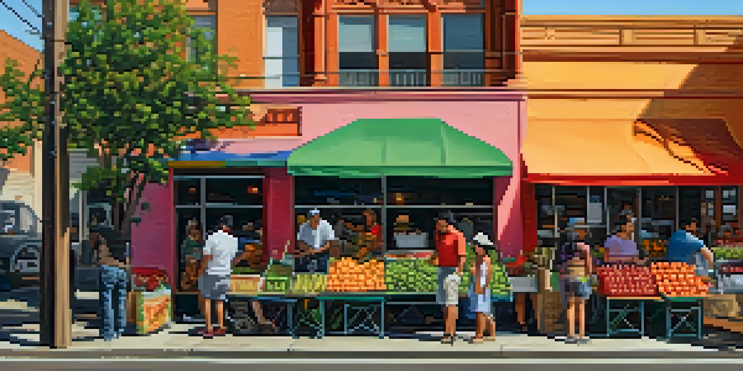 A lively street scene in Houston's East End featuring colorful murals, local markets, and taco stands under warm sunlight.
