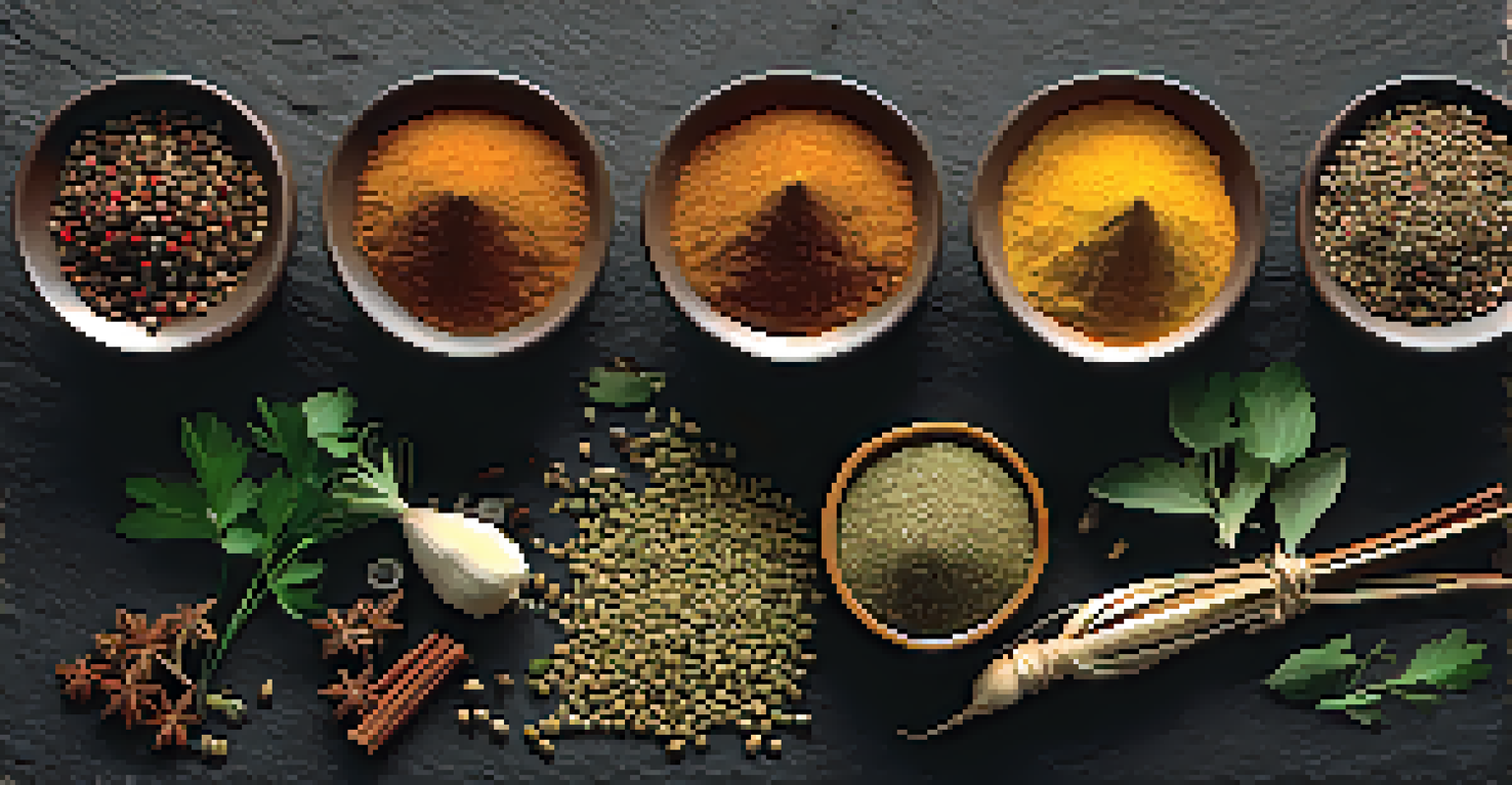 An artistic display of various spices on a dark stone surface, showcasing their forms.