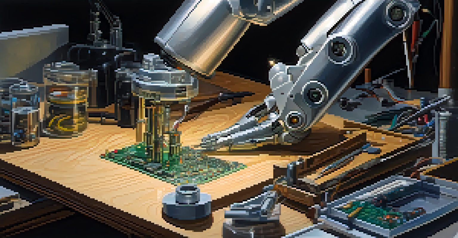 A robotic arm delicately working on a task in a workshop, surrounded by tools and circuit boards, with highlighted metallic textures.