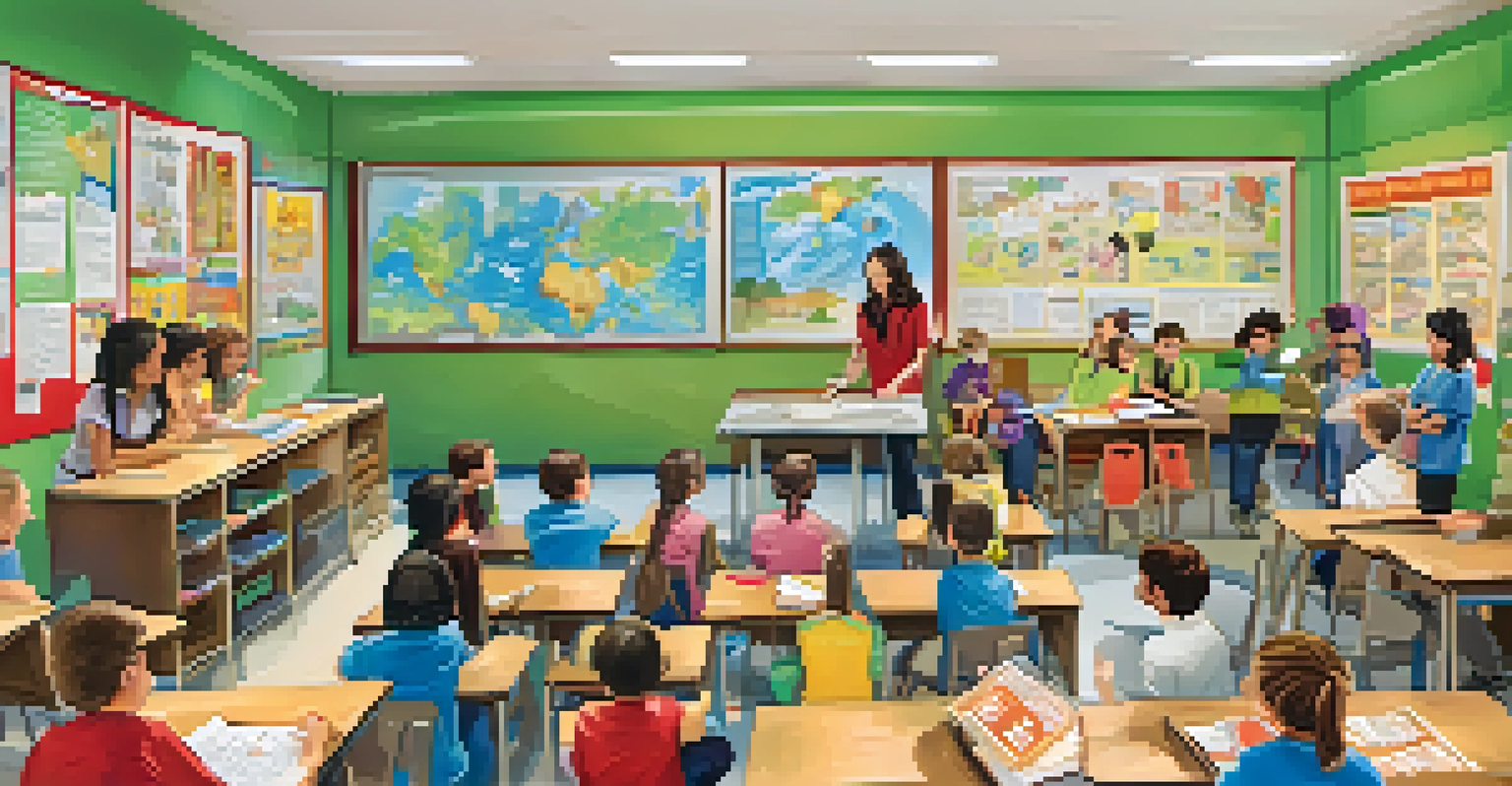 Students in a classroom participating in a disaster preparedness drill, with a teacher explaining safety protocols and colorful educational materials on the walls.
