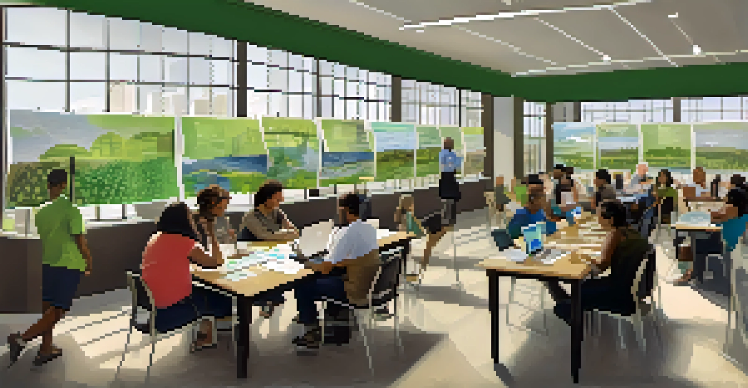 Community workshop in Houston with residents discussing sustainable urban development, surrounded by posters and collaborating at tables in a well-lit room.