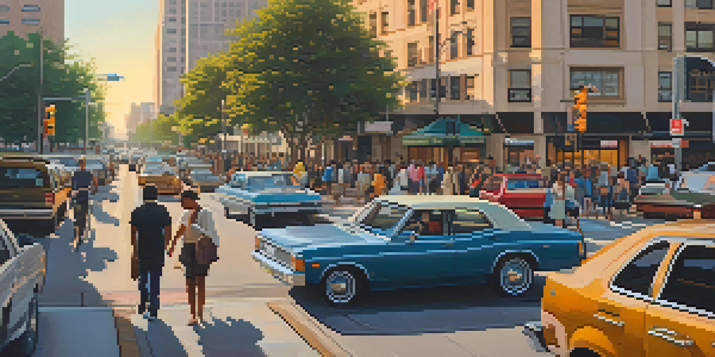A busy urban intersection in Houston filled with cars, bicycles, and pedestrians during sunset.