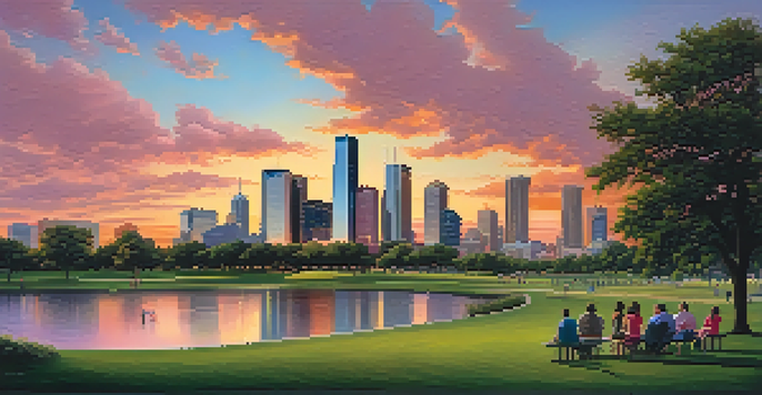 A scenic sunset view of Houston's skyline, with vibrant colors and a park in the foreground.