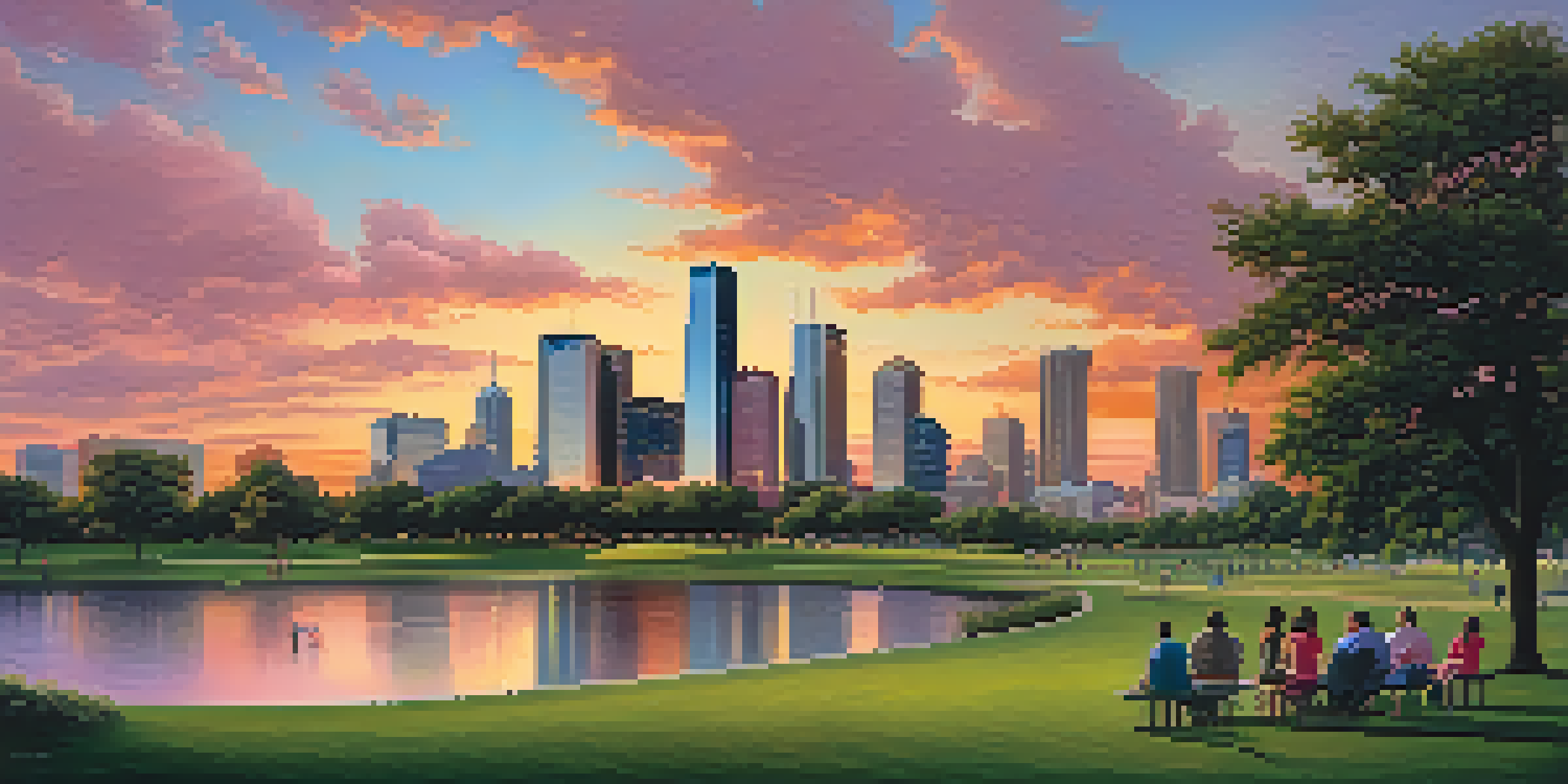 A scenic sunset view of Houston's skyline, with vibrant colors and a park in the foreground.