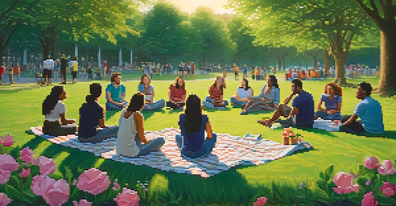 An outdoor support group in a park with participants sitting on picnic blankets, sharing experiences amid greenery and a sunset.
