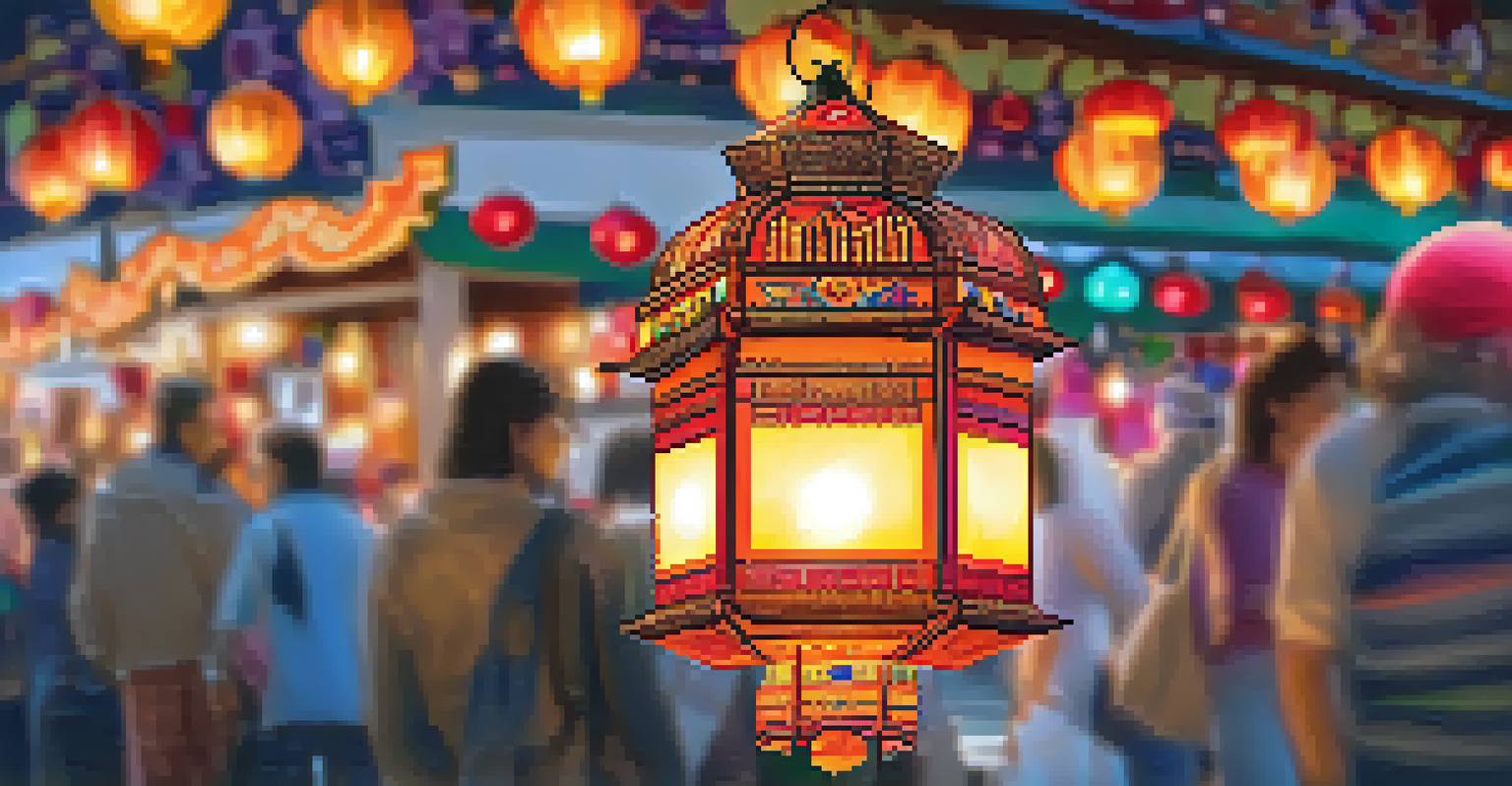 A detailed close-up of a colorful lantern at the Festival of Lights, surrounded by other decorations and festival-goers in the background.