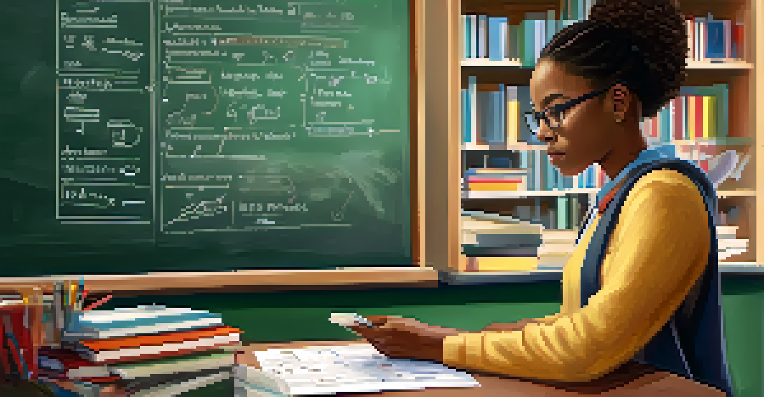 A teacher closely examining student performance data on a tablet, with educational materials in a bright classroom setting.