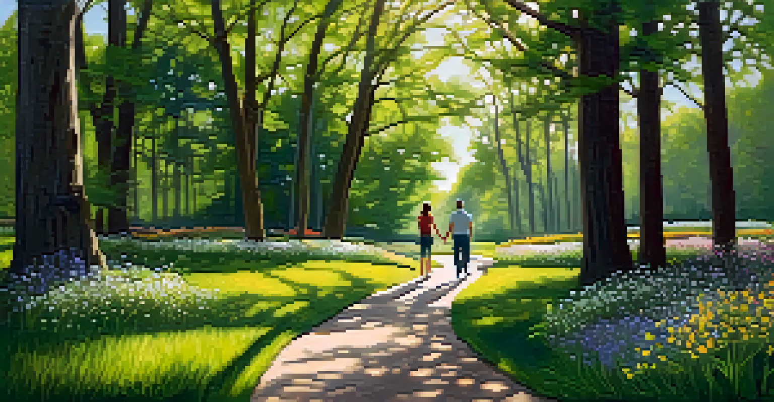 A serene nature trail in Houston with a couple walking among trees and wildflowers.