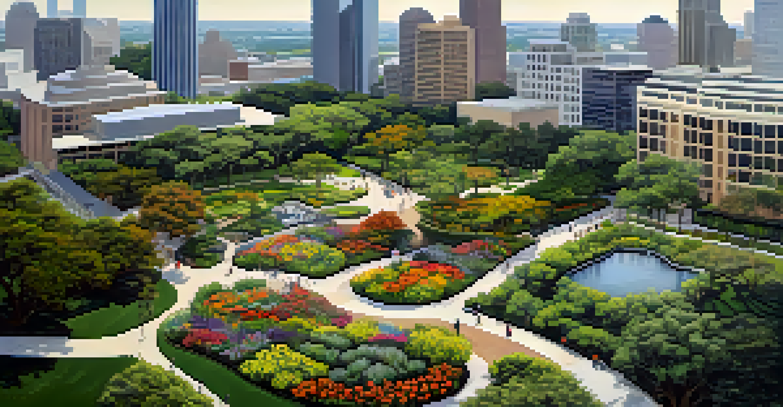 An aerial view of a botanical garden filled with colorful plants and flowers, surrounded by city buildings.
