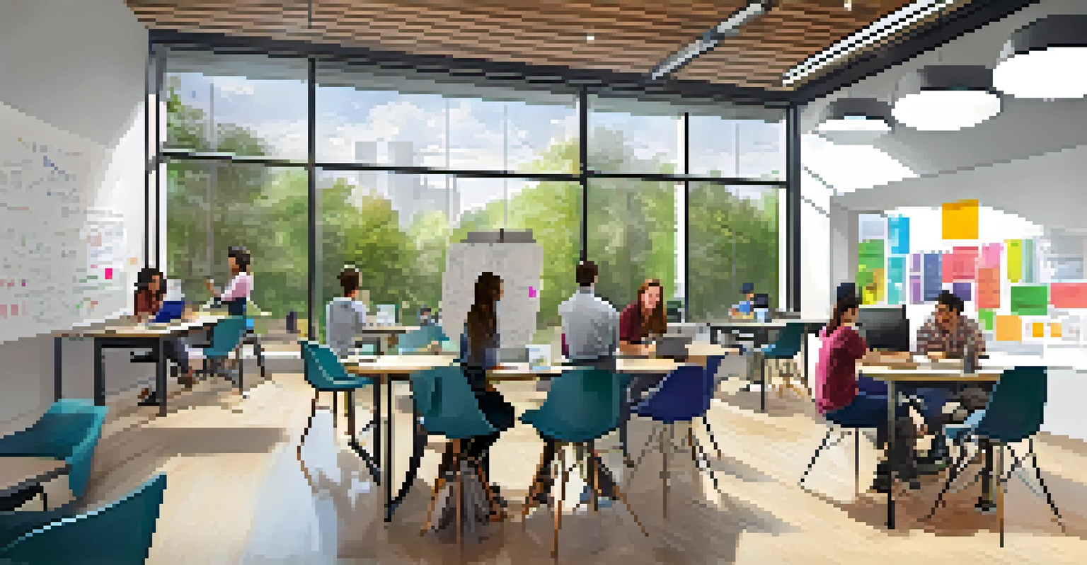 Inside a university entrepreneurship center, students actively brainstorming and working on startup ideas amidst modern decor and bright natural light.