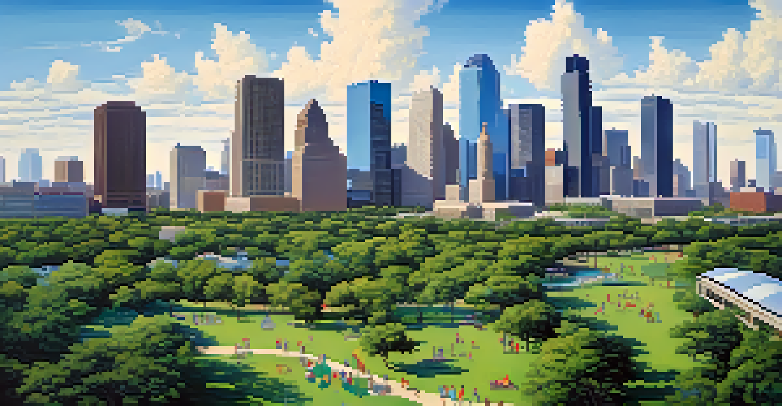 Aerial view of Houston's skyline with skyscrapers and parks, showcasing families in the outdoors.