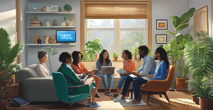 A cozy room with diverse patients engaging in telemedicine consultations using laptops and tablets, illuminated by natural light.