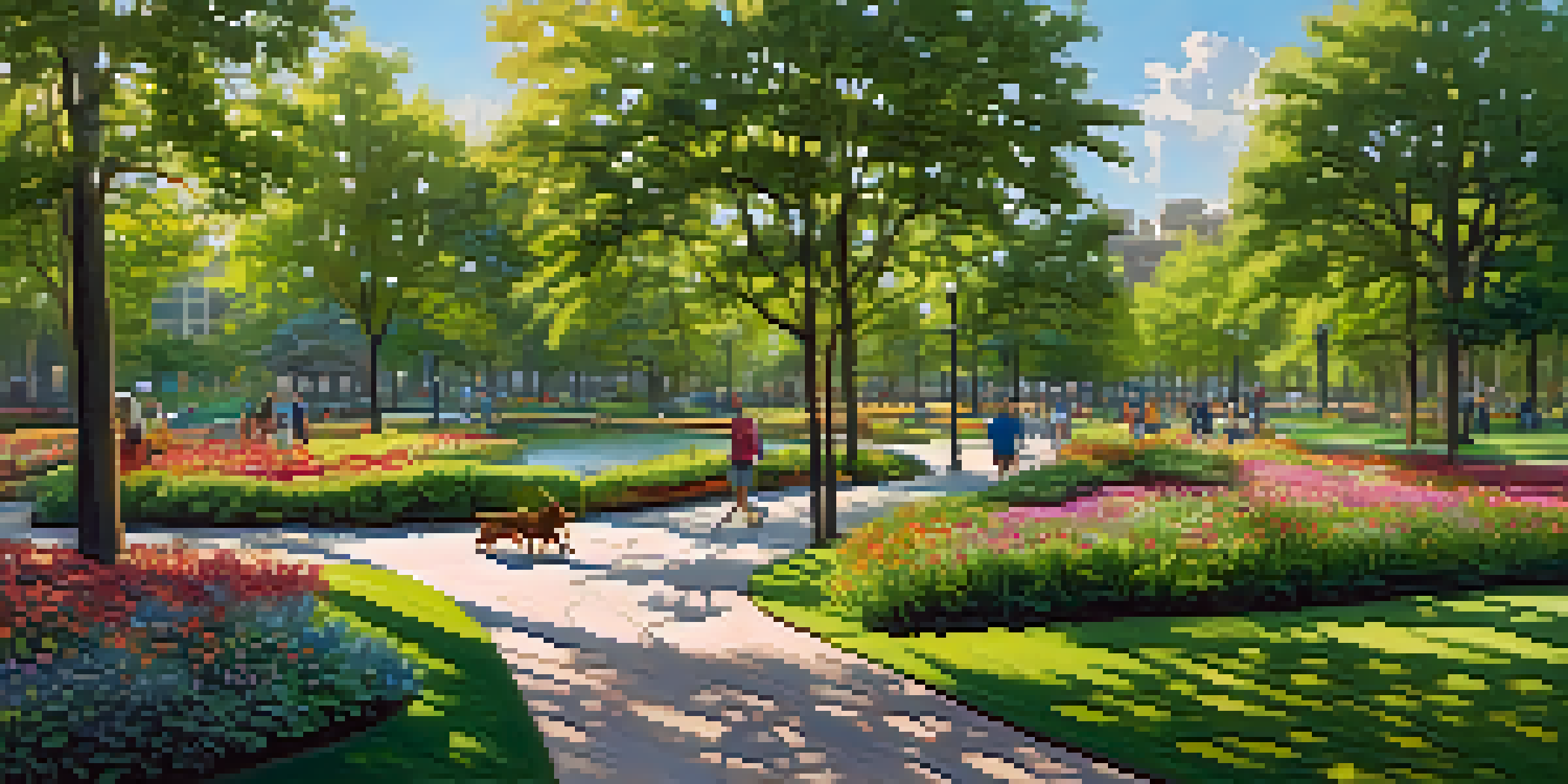 A lively urban park with green trees, flower beds, and a path where people are exercising and enjoying nature.