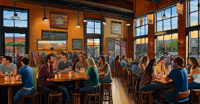 Interior of a cozy brewery in Houston, with patrons enjoying craft beers at wooden tables and colorful beer flights on display.