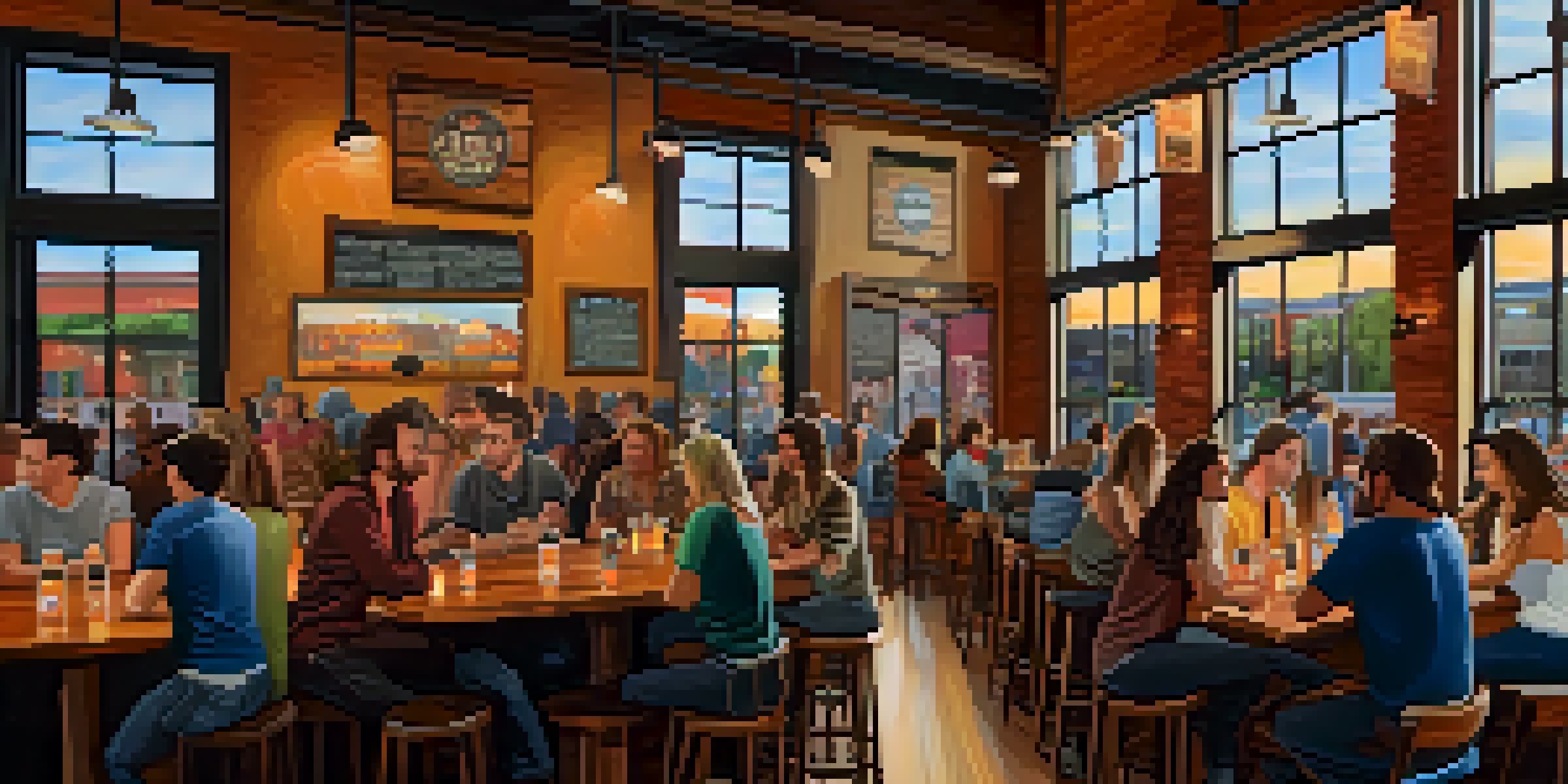 Interior of a cozy brewery in Houston, with patrons enjoying craft beers at wooden tables and colorful beer flights on display.