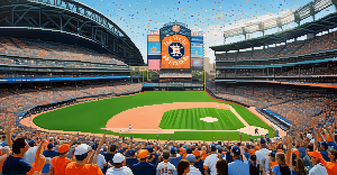 A packed baseball stadium with fans cheering for the Houston Astros, a clear blue sky overhead, and players celebrating on the field.