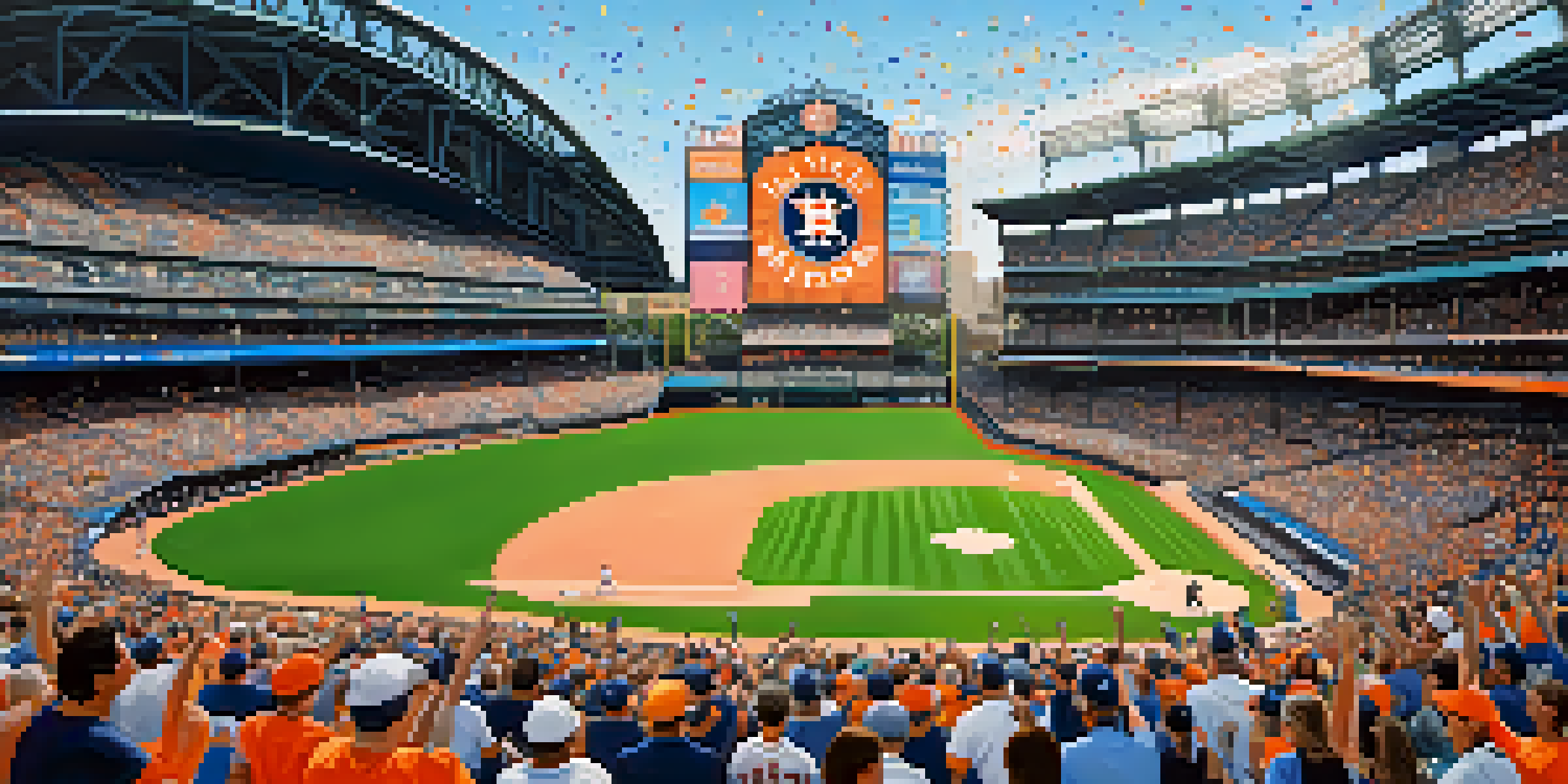 A packed baseball stadium with fans cheering for the Houston Astros, a clear blue sky overhead, and players celebrating on the field.