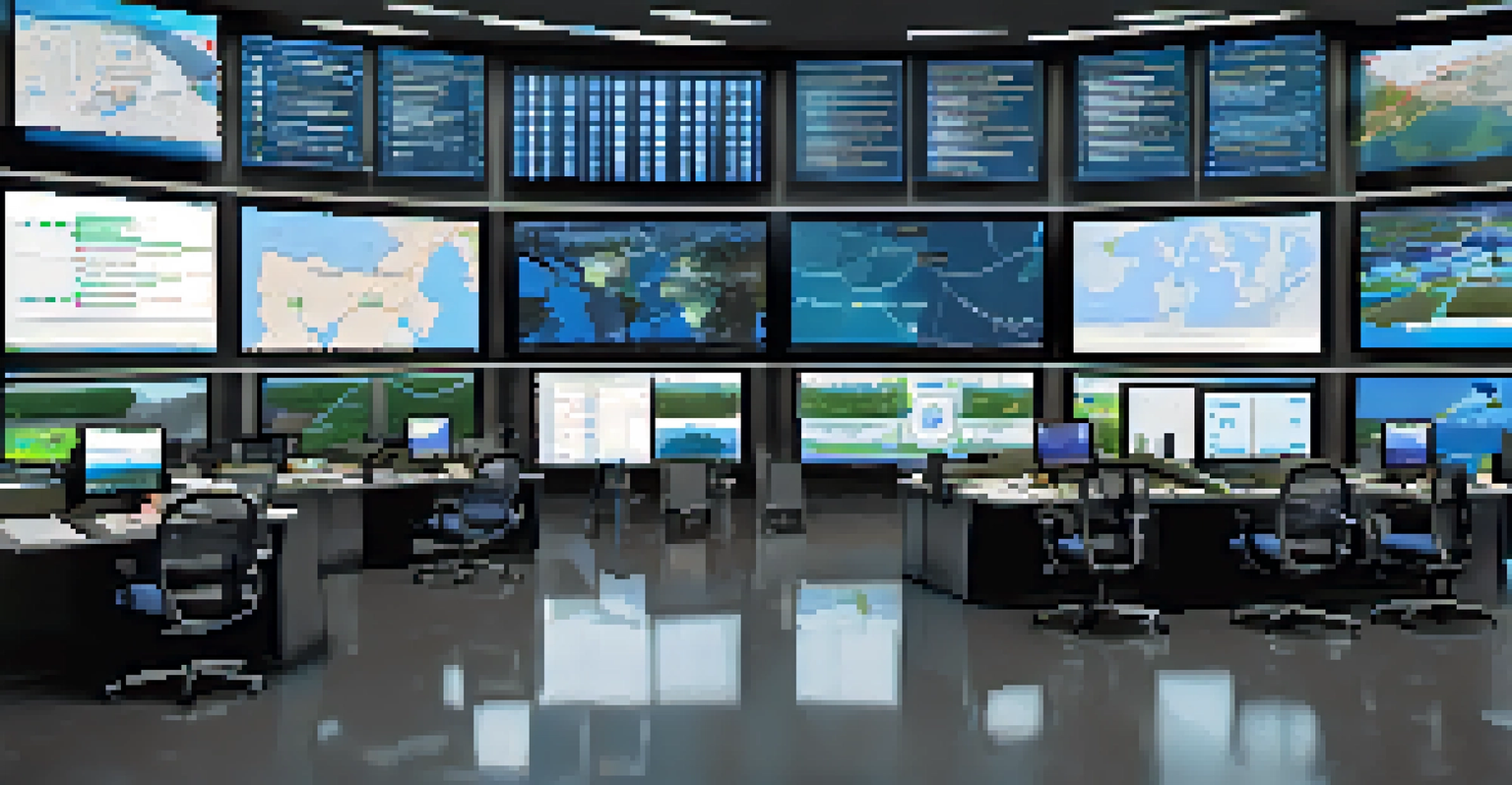 A busy emergency operations center in Houston with officials analyzing real-time data and collaborating on disaster response strategies.