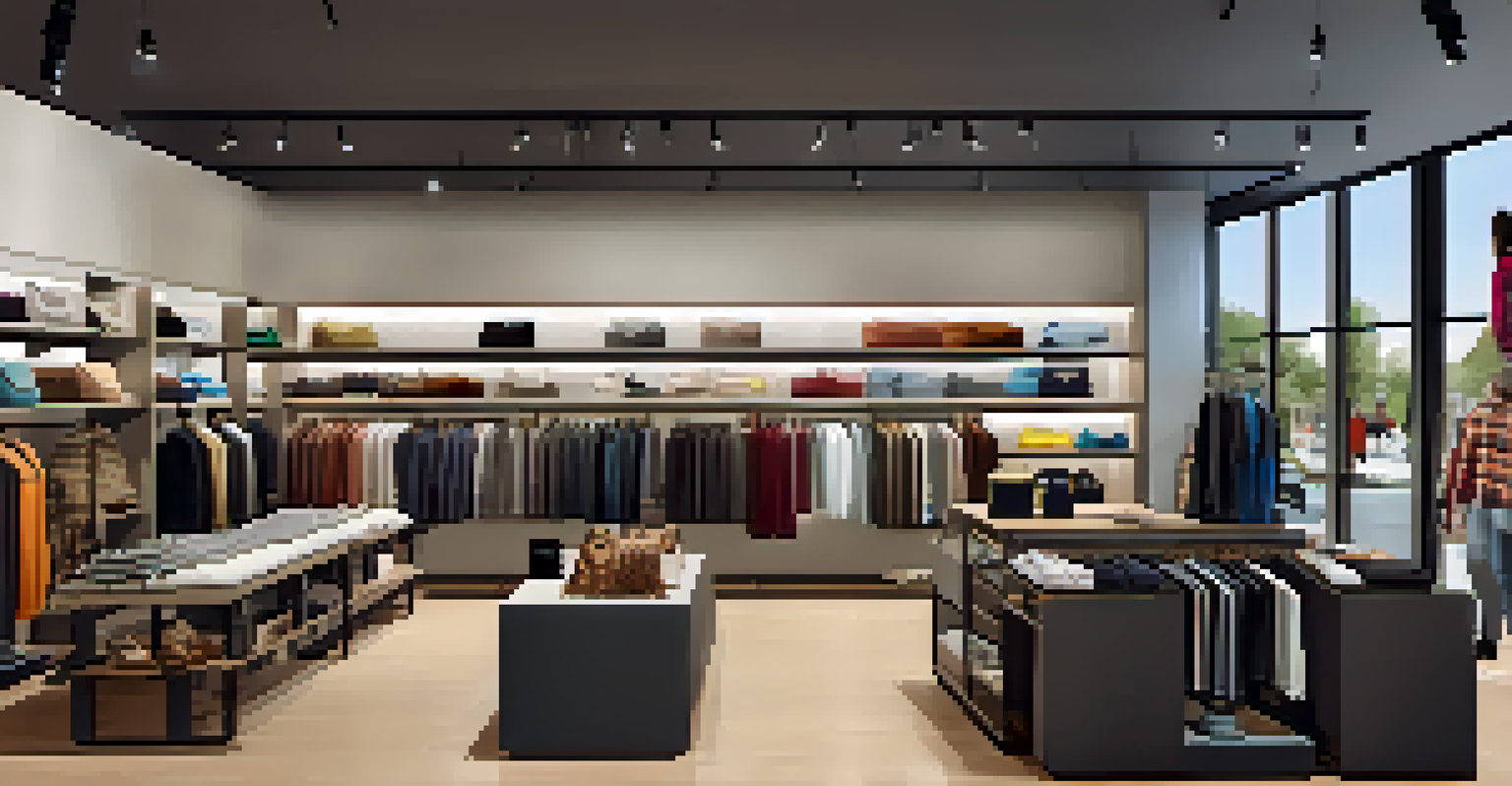 Inside a contemporary clothing store in Houston, with racks of stylish apparel and warm lighting.