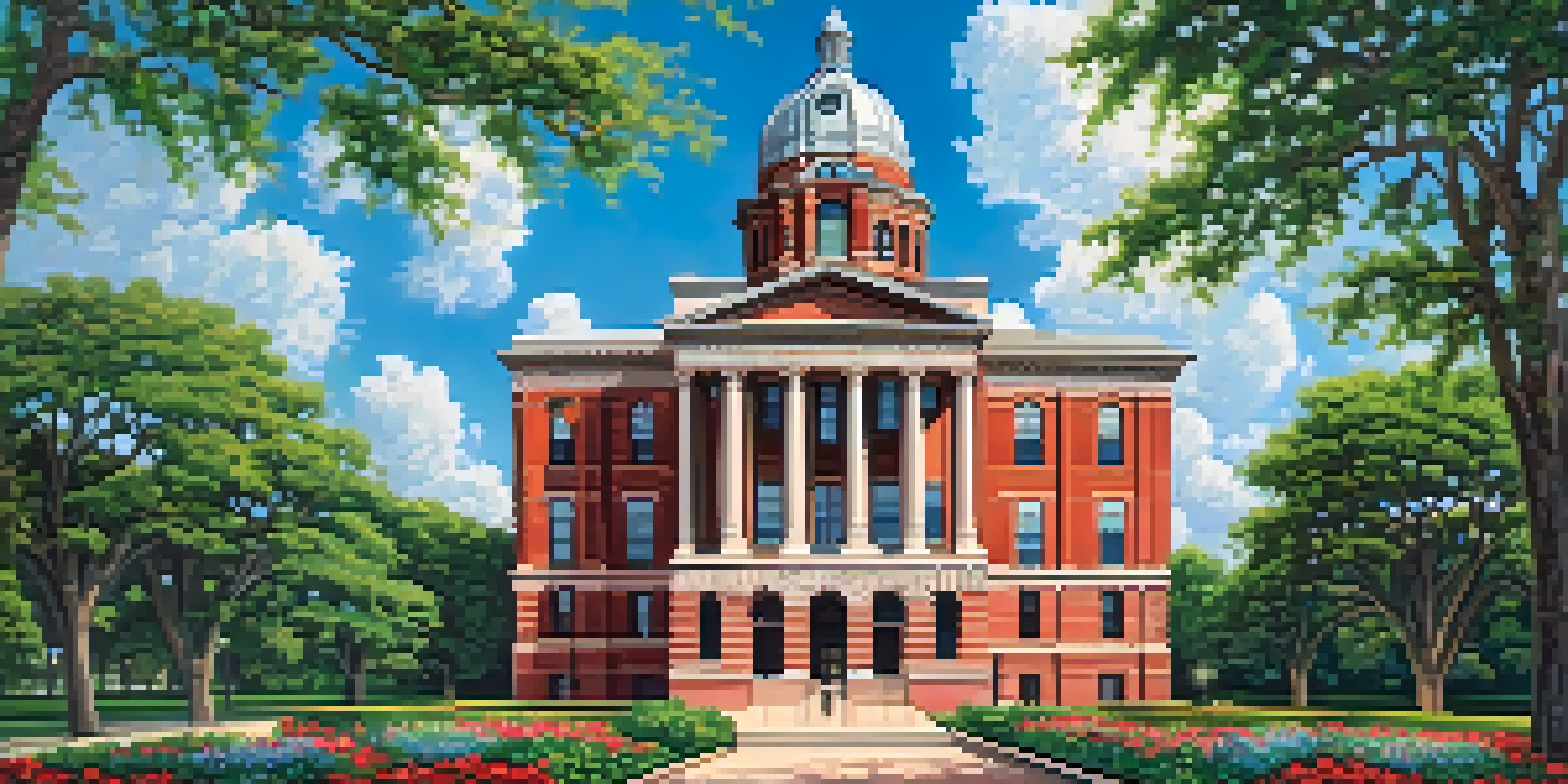 A view of the Old Harris County Courthouse with its red brick facade and clock tower, surrounded by colorful gardens.