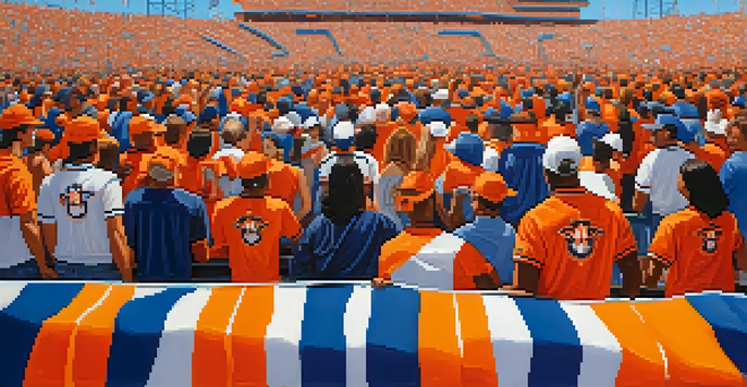 A lively crowd of fans at a Houston sports event, wearing team colors and waving banners in a brightly lit stadium.