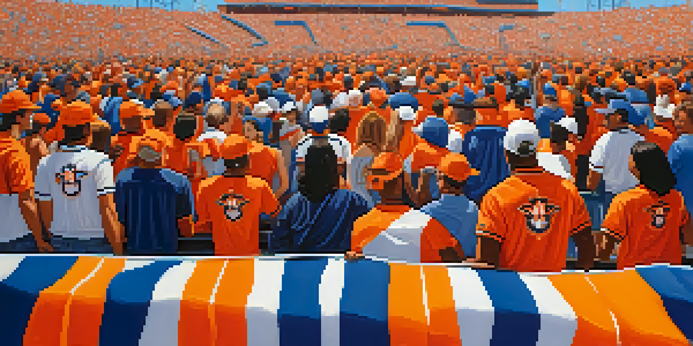 A lively crowd of fans at a Houston sports event, wearing team colors and waving banners in a brightly lit stadium.