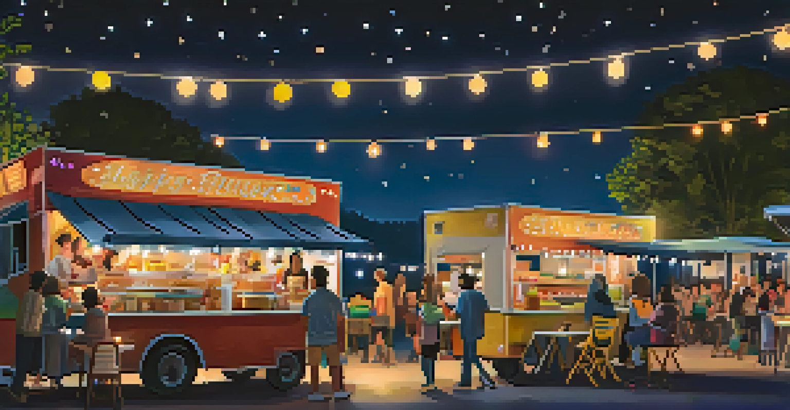 A nighttime food truck event with string lights, families, and friends enjoying food from different trucks under the stars.