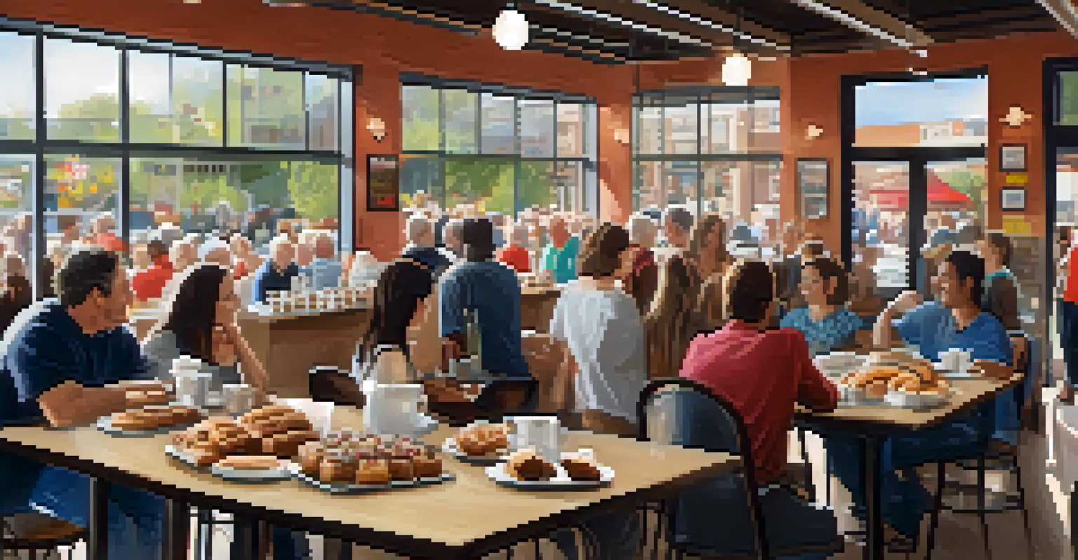 A coffee shop hosting a community bake sale with patrons enjoying pastries and engaging with local charity representatives, creating a lively atmosphere.
