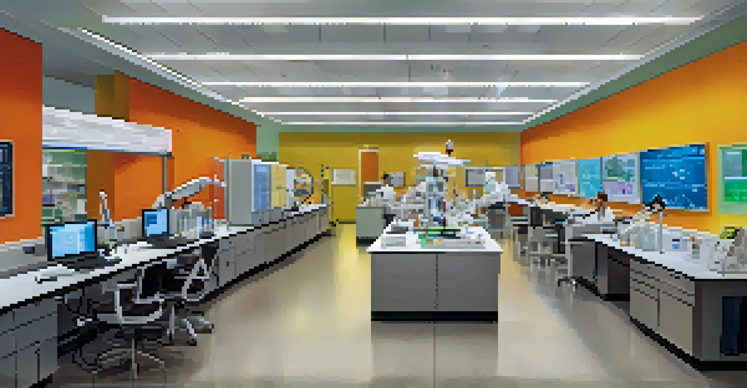 An interior view of a modern research lab with scientists working and advanced medical equipment, showcasing a collaborative environment.