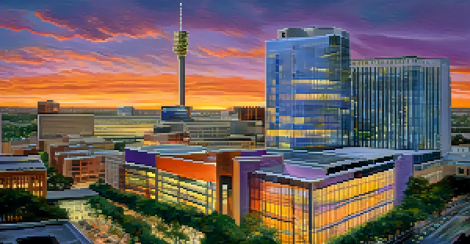 A sunset view of the Texas Medical Center in Houston, with doctors and researchers interacting in a busy scene.