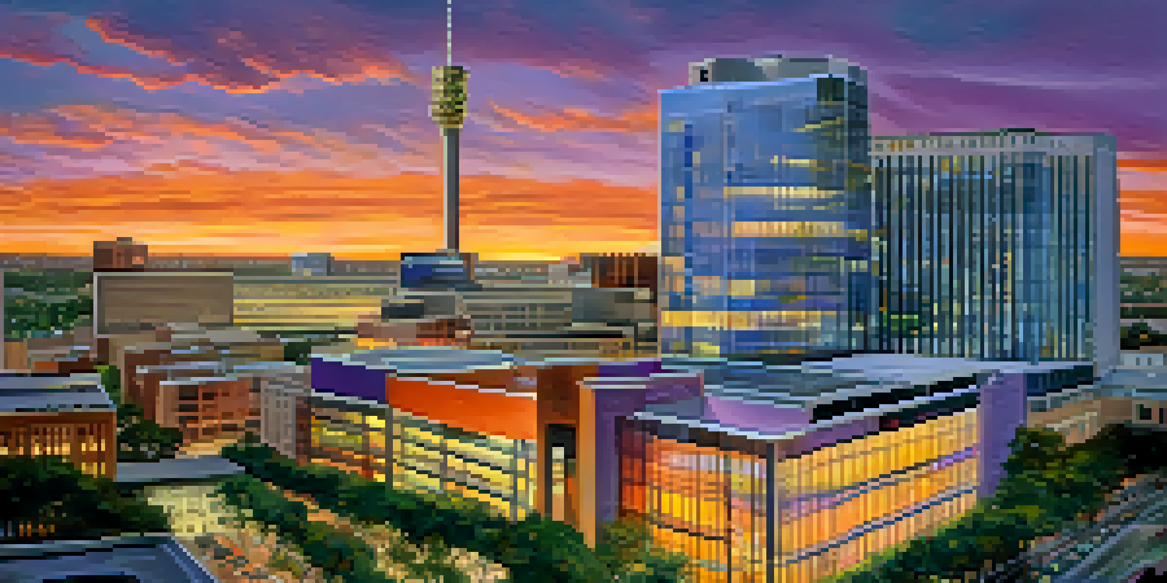 A sunset view of the Texas Medical Center in Houston, with doctors and researchers interacting in a busy scene.