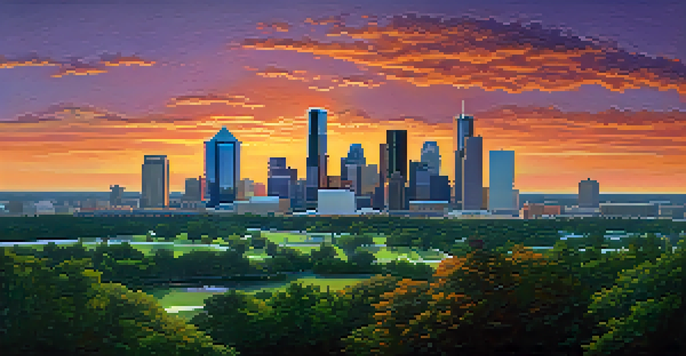 A panoramic view of Houston's skyline at sunset with modern buildings and green parks in the foreground.