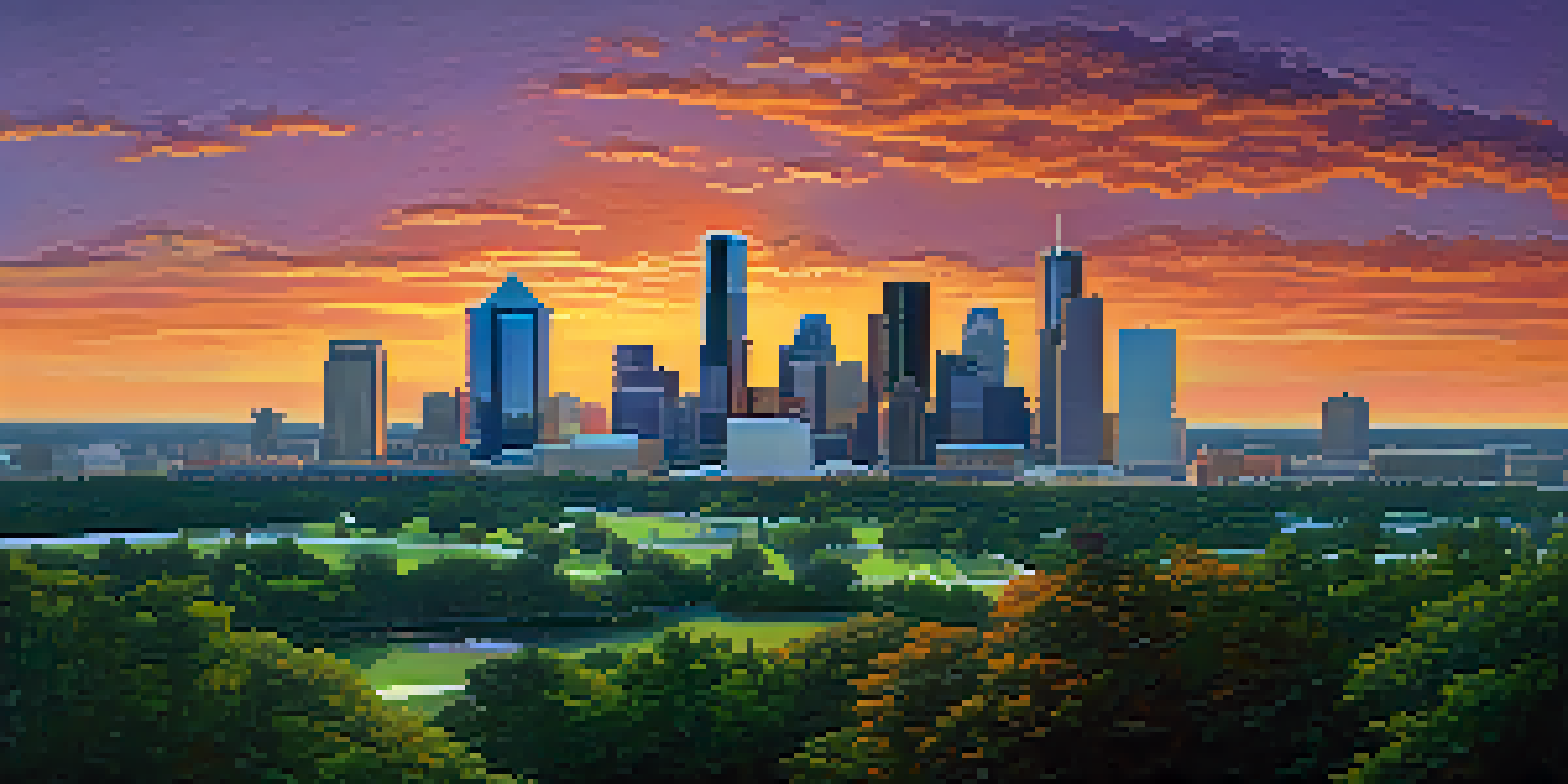 A panoramic view of Houston's skyline at sunset with modern buildings and green parks in the foreground.