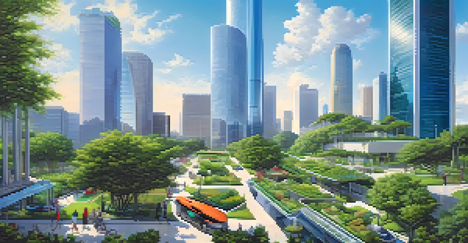 A futuristic view of Houston showcasing innovative energy solutions, including smart grids and electric vehicles, with bright blue skies and vibrant greenery.