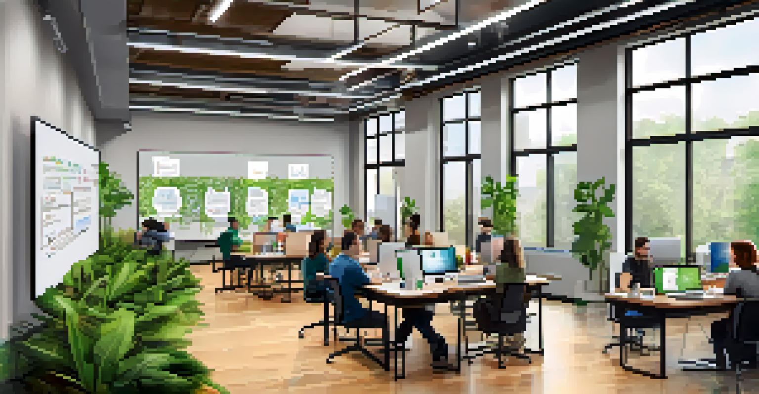 Inside a startup incubator with entrepreneurs collaborating over laptops.