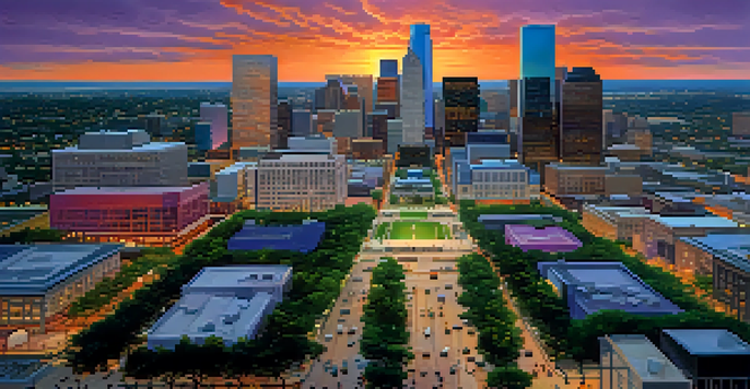 Aerial view of Houston's skyline at sunset with skyscrapers and green spaces.