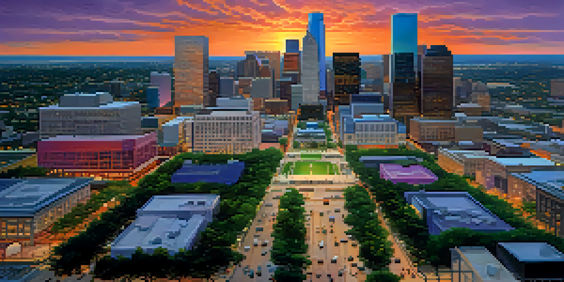 Aerial view of Houston's skyline at sunset with skyscrapers and green spaces.