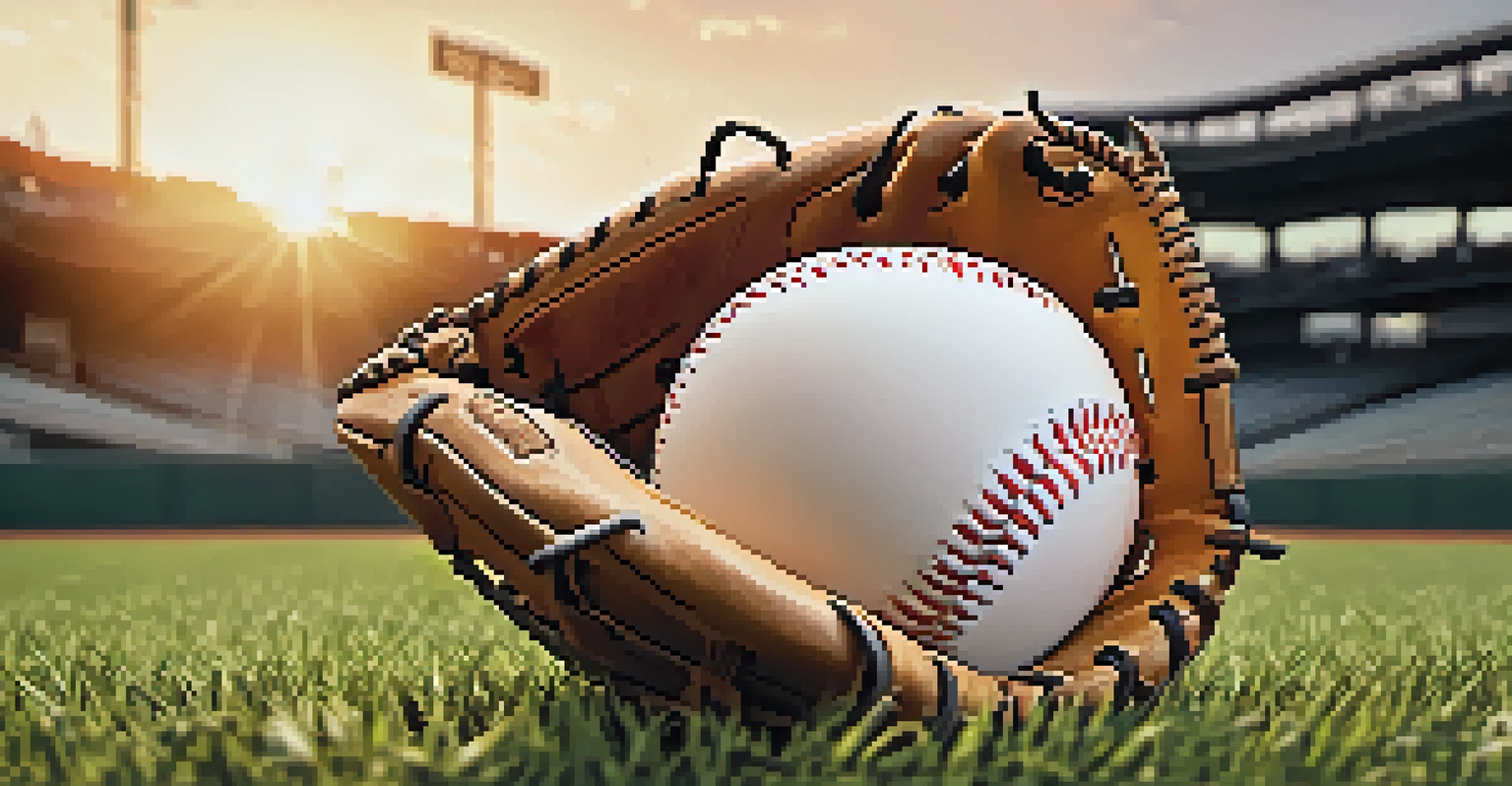 A baseball glove and ball on the grass, with a blurred stadium and fans in the background.